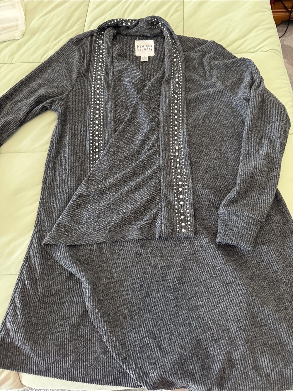 #0111 New York Laundry Charcoal Gray Open Embellished Cardigan